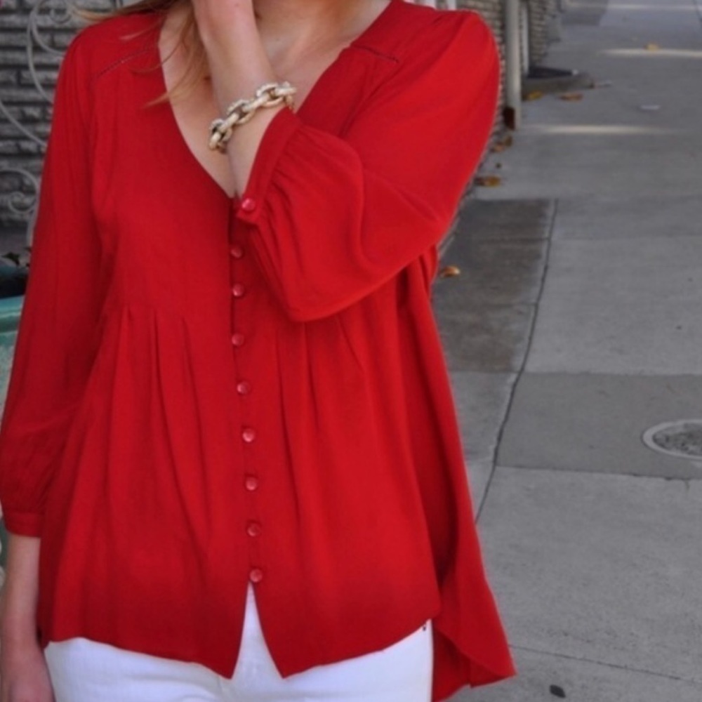 Anthropologie Vanessa Virginia Red Pintucked Peasant Blouse